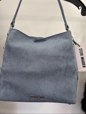 Steve Madden Light Blue Denim Brizzos Suede Shoulder Bucket Bag NWT